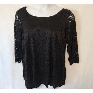 Rose + Olive Women's 2X Dressy Black Lace Top Blouse Top w/ Sheer 3/4 Sleeve